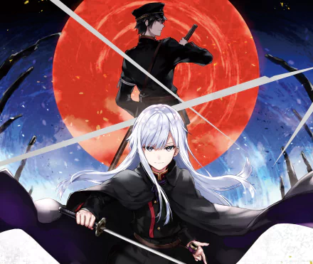 Anime-style HD desktop wallpaper featuring two characters with contrasting black and white hair and eyes, capes, and swords against a dramatic red circular backdrop.
