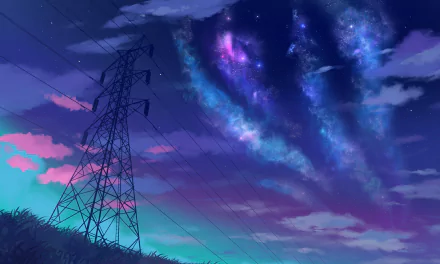 Anime-style HD desktop wallpaper featuring a vibrant night sky with colorful clouds, stars, and a towering power line silhouette in the foreground.