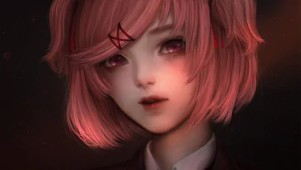 A high-definition wallpaper featuring Natsuki from the video game Doki Doki Literature Club!, with her distinctive pink hair and expressive eyes.