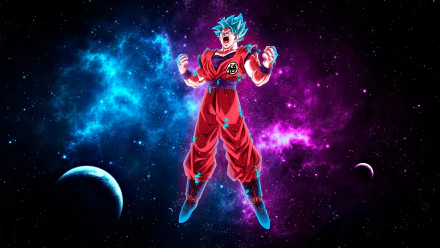 HD desktop wallpaper featuring Goku from Dragon Ball Super, shown in a powerful pose against a vibrant cosmic background with planets and nebulae.