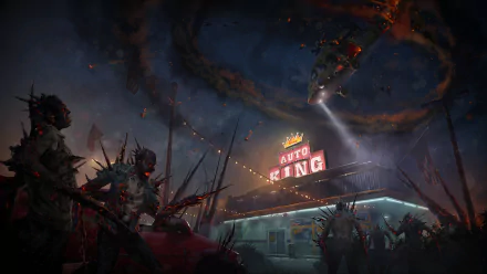 HD PC desktop wallpaper featuring a dark, intense scene from Tom Clancy's Rainbow Six: Siege Outbreak, showcasing hostile creatures near a neon-lit Auto King building.