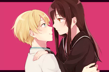 Anime-style HD desktop wallpaper featuring an original artwork of a blonde-haired person and a dark-haired person embracing against a solid pink background.
