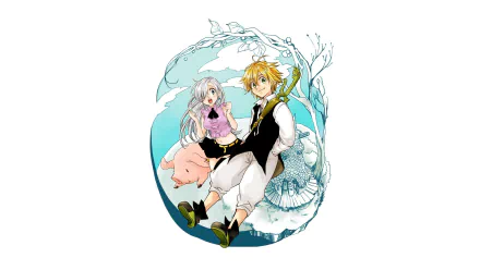 HD desktop wallpaper featuring Elizabeth Liones and Meliodas from The Seven Deadly Sins anime. The artwork shows the characters together in a whimsical, circular design.