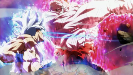 Goku in his Ultra Instinct form battling Jiren in an intense scene from Dragon Ball Super. Vibrant HD anime wallpaper showcasing dynamic energy and power.
