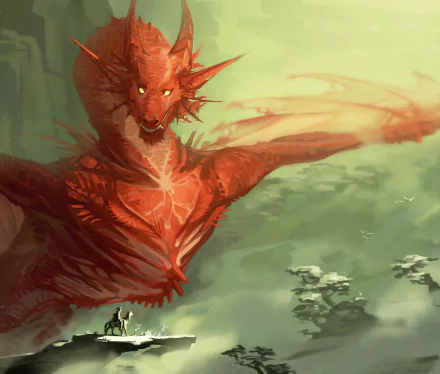 A fierce red dragon with glowing eyes spreads its wings over a misty, green fantasy landscape in this detailed 4K Ultra HD fantasy PC desktop wallpaper.