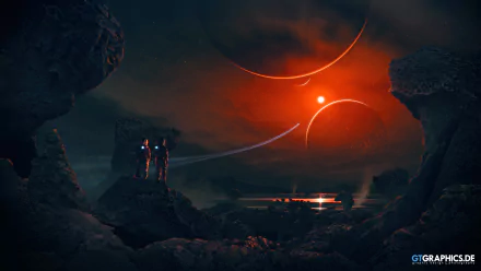 Sci-fi HD desktop wallpaper of astronauts exploring a rocky alien landscape under a dramatic red sky with multiple planets and celestial bodies in the background.