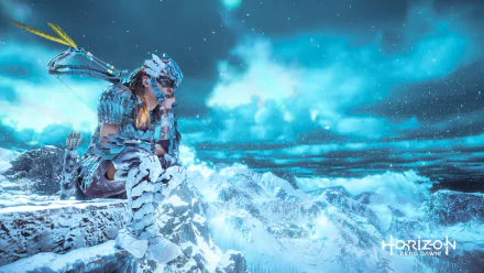 HD PC desktop wallpaper featuring Aloy from Horizon Zero Dawn: The Frozen Wilds, showcasing a snowy, icy landscape from the Horizon Zero Dawn video game series.