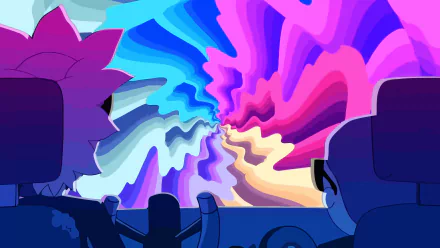 HD desktop wallpaper featuring Rick Sanchez and Morty Smith from the TV show Rick and Morty looking at a vibrant, rainbow-colored, swirling tunnel, referencing Run the Jewels.