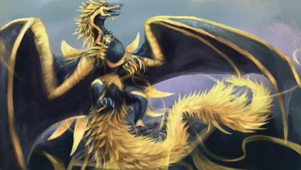 A majestic golden dragon with intricate scales and large wings soars against a cloudy sky in this 4K Ultra HD fantasy PC desktop wallpaper.