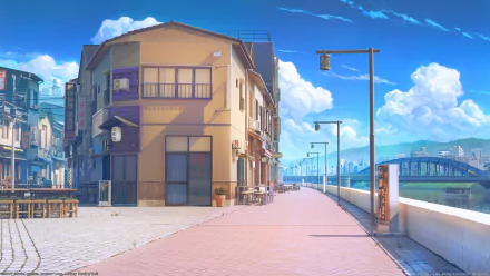 HD PC desktop wallpaper featuring a bright, scenic street in a video game style, capturing themes of love, money, and rock'n'roll under a vibrant blue sky.