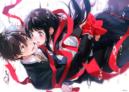 Anime wallpaper featuring characters Hōtarō Oreki and Eru Chitanda from Hyouka. The vibrant HD image portrays them in a captivating, dynamic scene adorned with red ribbons and water droplets.