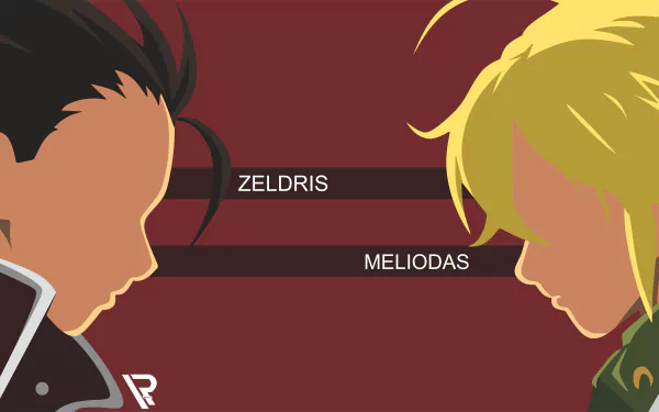 HD desktop wallpaper featuring Zeldris with black hair and Meliodas with blonde hair from the anime The Seven Deadly Sins, set against a red background.