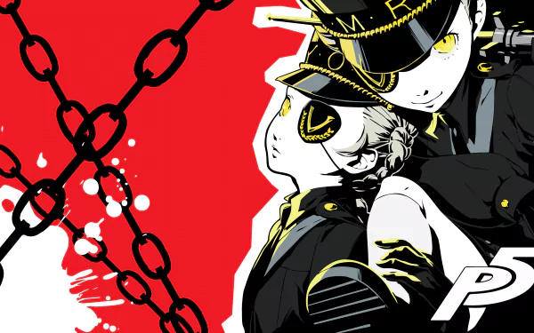 4K Ultra HD Persona 5 PC wallpaper featuring two characters in stylized black and yellow outfits against a bold red background with chains.