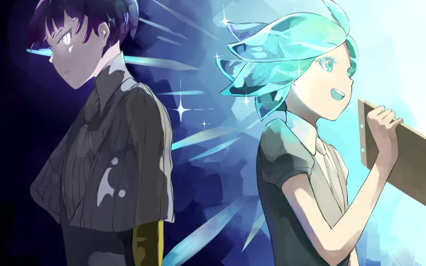 HD anime desktop wallpaper featuring Lapis Lazuli and Phosphophyllite from Land of the Lustrous, showcasing vibrant colors and dynamic poses.