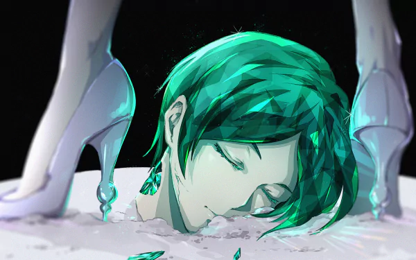 HD anime wallpaper featuring Phosphophyllite from Land of the Lustrous with detailed crystalline hair and a serene expression against a dark background.