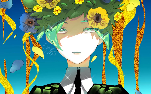 Phosphophyllite (Land of the Lustrous) anime 4K Ultra HD PC wallpaper — close-up of a green-haired gem with a flower crown, teal eyes and shimmering golden ribbons against a turquoise sky.