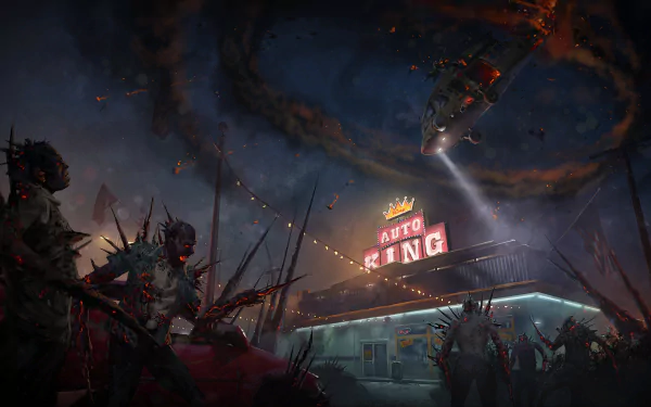 HD PC desktop wallpaper featuring a dark, intense scene from Tom Clancy's Rainbow Six: Siege Outbreak, showcasing hostile creatures near a neon-lit Auto King building.