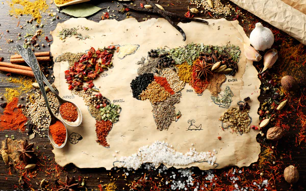 HD desktop wallpaper featuring an artistic map of the world composed of various spices and herbs, set on a rustic wooden background. Each continent is creatively represented with an array of colorful spices.