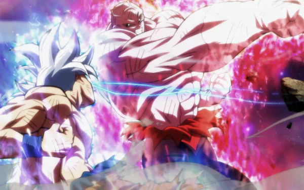 Goku in his Ultra Instinct form battling Jiren in an intense scene from Dragon Ball Super. Vibrant HD anime wallpaper showcasing dynamic energy and power.
