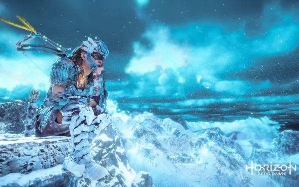 HD PC desktop wallpaper featuring Aloy from Horizon Zero Dawn: The Frozen Wilds, showcasing a snowy, icy landscape from the Horizon Zero Dawn video game series.