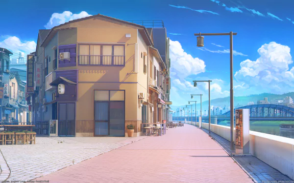 HD PC desktop wallpaper featuring a bright, scenic street in a video game style, capturing themes of love, money, and rock'n'roll under a vibrant blue sky.