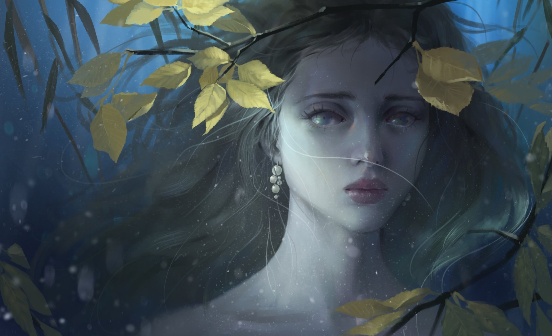 HD anime-style original artwork of a serene woman with flowing hair, surrounded by golden leaves, designed as a PC desktop wallpaper and background.