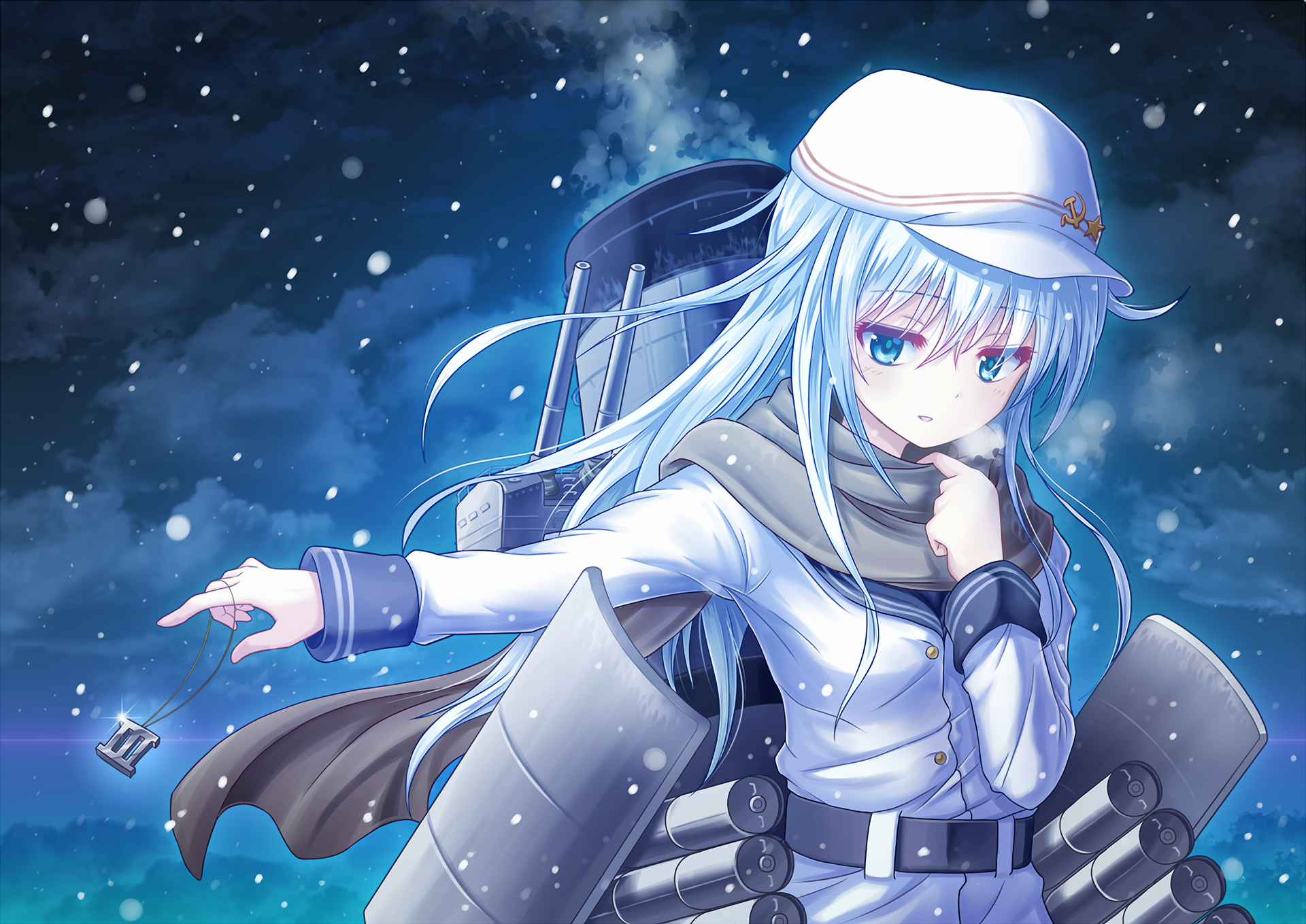 Anime-style HD desktop wallpaper featuring Hibiki from Kantai Collection, set against a snowy night sky with detailed ship elements.