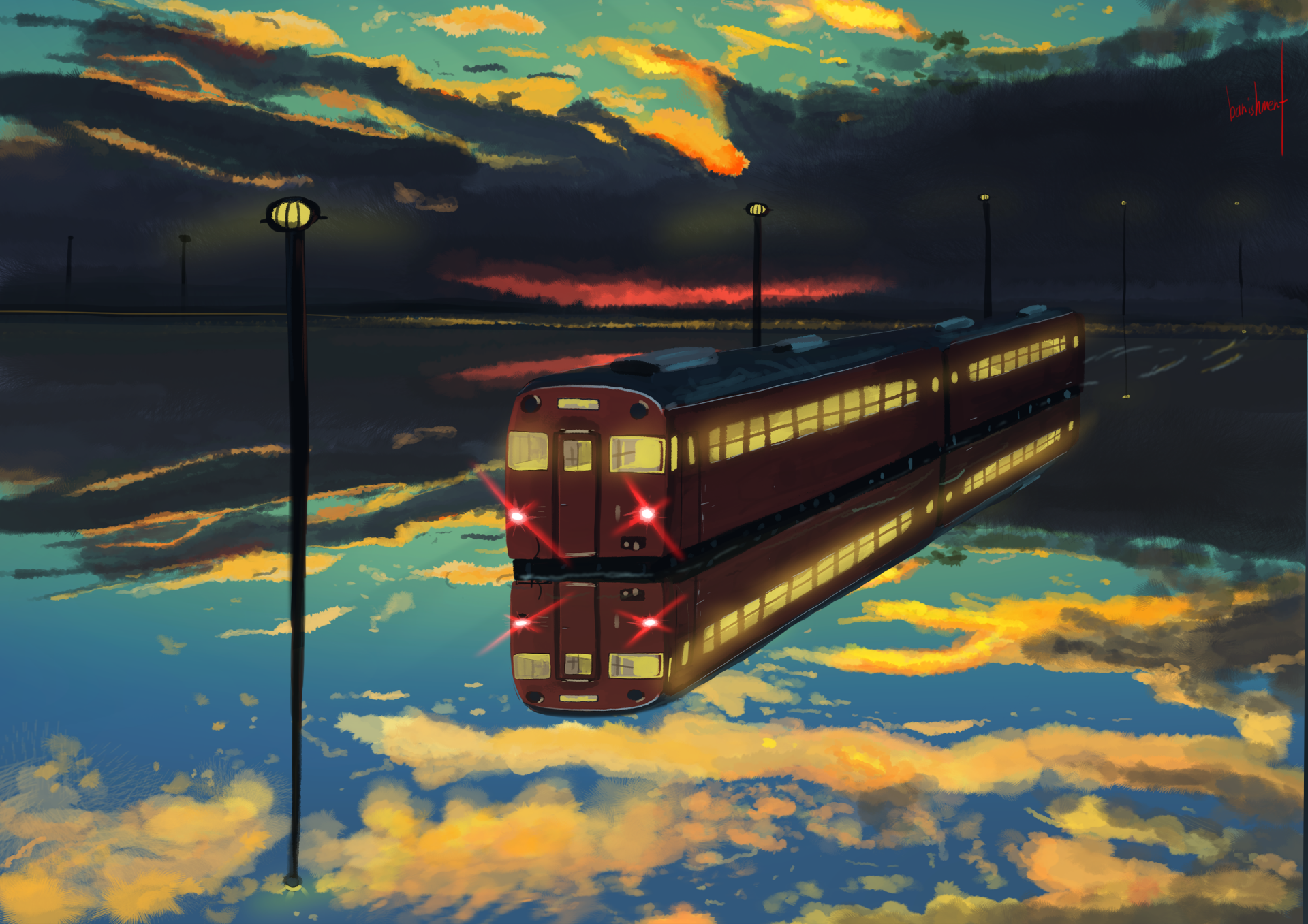 An HD anime desktop wallpaper featuring a train reflected in calm water under a dramatic, cloudy sky at dusk.