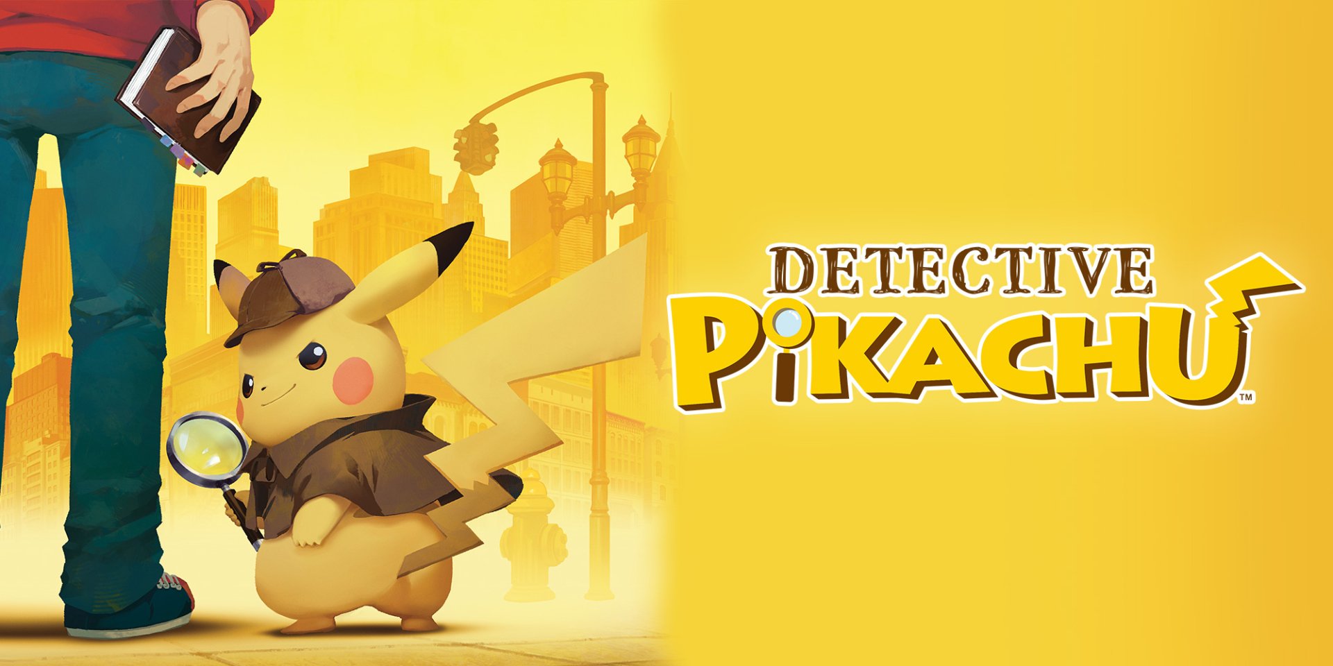 HD wallpaper of Detective Pikachu, with the character holding a magnifying glass, against a yellow background with city silhouette.