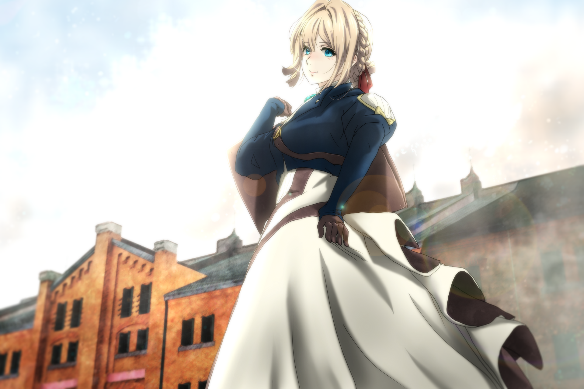 HD PC desktop wallpaper featuring Violet Evergarden from the anime, standing confidently with historic buildings and a bright sky in the background.