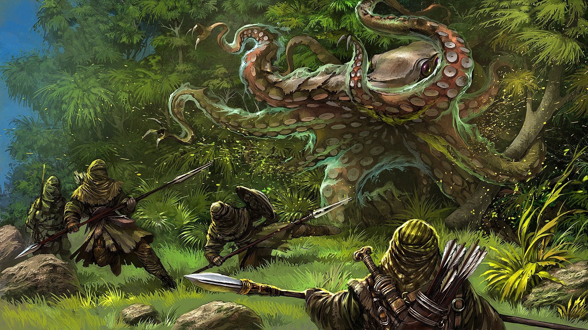 A fantasy warrior wields a spear, facing a giant octopus creature in a dense forest, captured in a vivid HD PC desktop wallpaper scene.