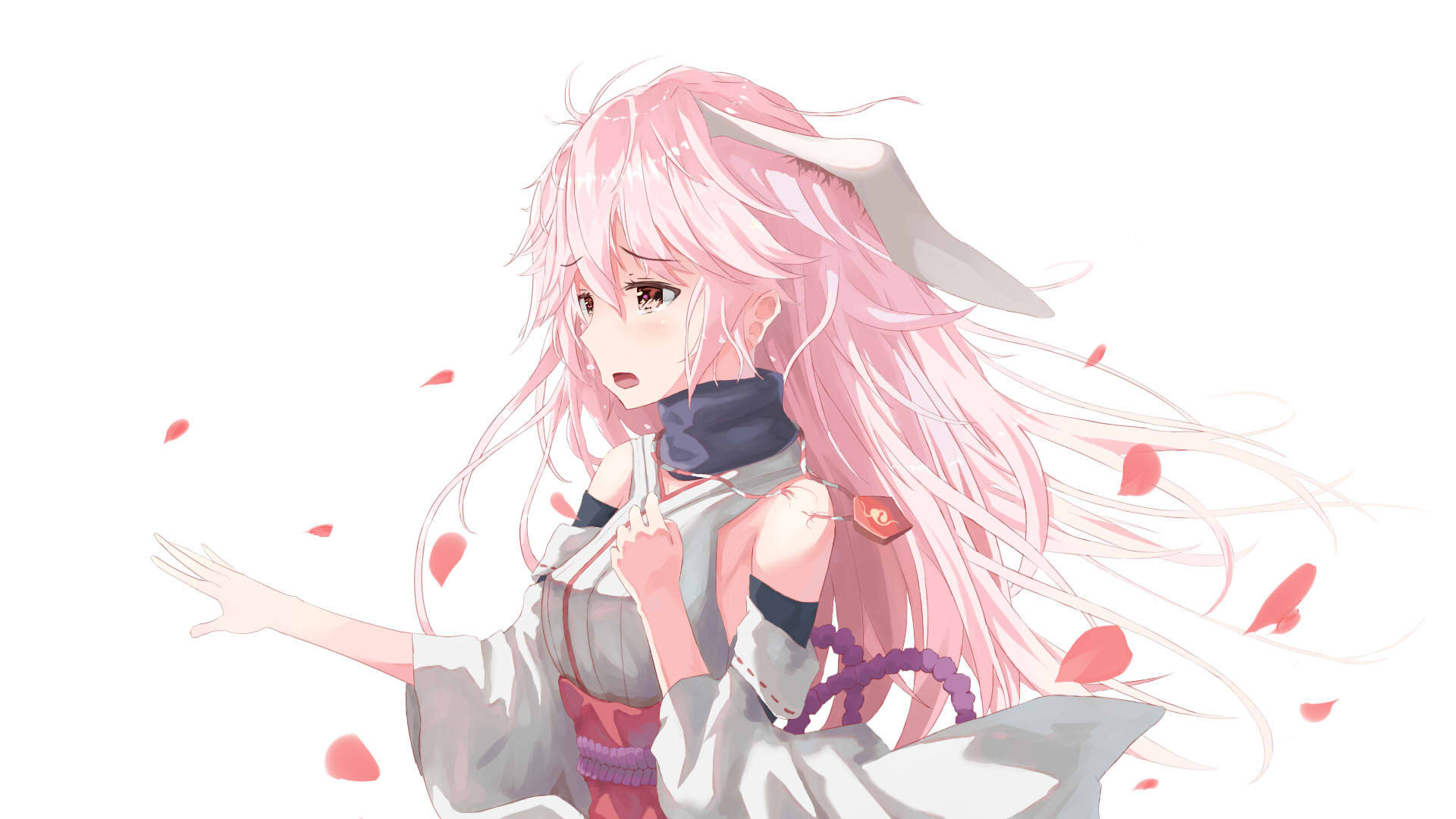 Anime HD wallpaper of Yae Sakura from Benghuai Xueyuan with flowing pink hair, tears streaming down her face, surrounded by falling petals.