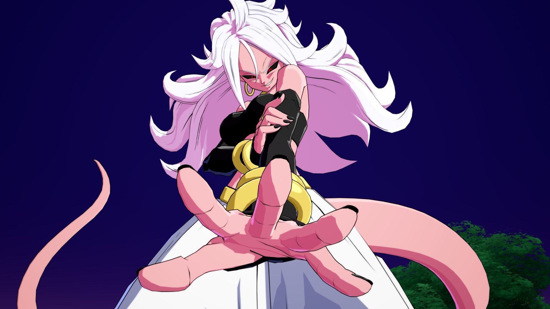 Android 21 from Dragon Ball FighterZ in a dynamic pose, rendered as an 8K Ultra HD PC desktop wallpaper with vibrant colors and sharp video game-inspired details.