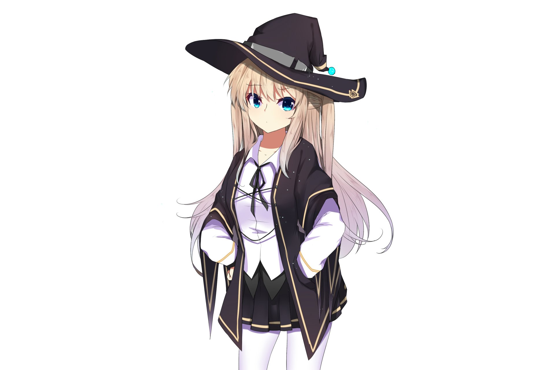 Anime character with long blonde hair, blue eyes, wearing a large black wizard hat and matching outfit. This original HD desktop wallpaper features a detailed and vibrant illustration.