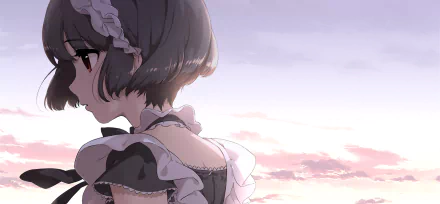 HD anime original artwork of a girl with short hair and a maid outfit, set against a soft pastel sky, designed as a desktop wallpaper and background.