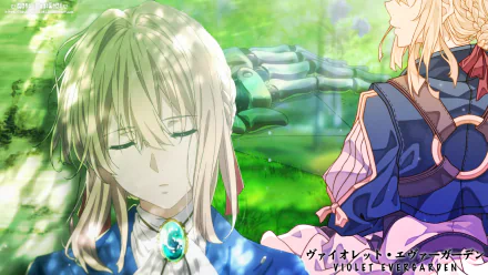 HD desktop wallpaper featuring the anime character Violet Evergarden, with a calm and serene background. Text in Japanese and English reads Violet Evergarden.
