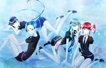 HD anime desktop wallpaper featuring Neptunite, Red Beryl, Benitoite, and Alexandrite characters from Land of the Lustrous in a shimmering underwater scene.