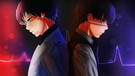 HD desktop wallpaper featuring Ken Kaneki from Tokyo Ghoul:re, showcasing two contrasting sides of the character against a vibrant background with pulsating lines and light effects.