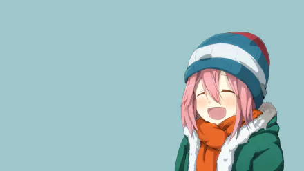 Nadeshiko Kagamihara from the anime Laid-Back Camp, smiling warmly in winter attire against a plain blue background, in 4K Ultra HD PC wallpaper quality.