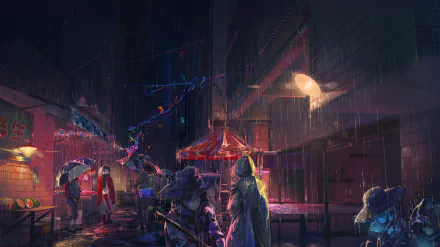 Anime-style night scene with rain falling on a city street, featuring characters holding umbrellas and neon reflections, designed as an HD PC desktop wallpaper.