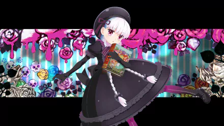 Caster from Fate/Extra Last Encore in a gothic black dress with braided silver hair, colorful roses and striped background — anime HD PC desktop wallpaper.