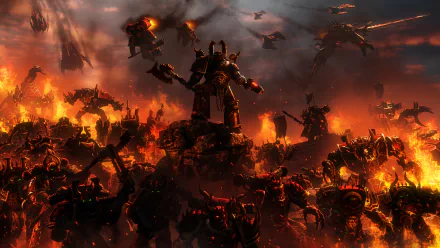 HD desktop wallpaper of a Warhammer 40k battle scene, featuring a Space Marine in armor amidst intense combat with fire in the background. Visually striking and action-packed video game art.