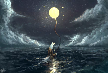 A fantasy HD desktop wallpaper featuring a rabbit in the ocean, holding a balloon resembling the moon, surrounded by stars and clouds.