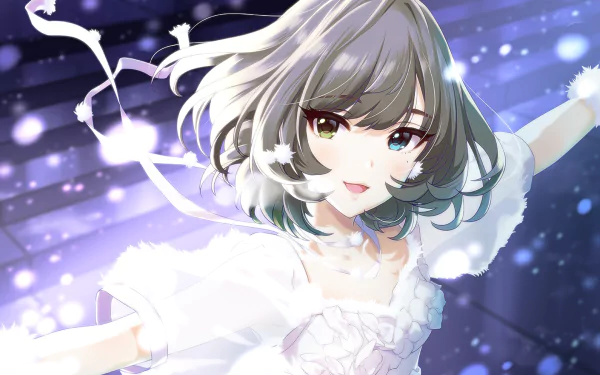 HD PC desktop wallpaper featuring Kaede Takagaki from the anime The iDOLM@STER Cinderella Girls, showcasing her smiling with a glowing, starry background.