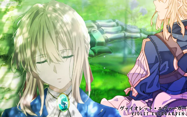 HD desktop wallpaper featuring the anime character Violet Evergarden, with a calm and serene background. Text in Japanese and English reads Violet Evergarden.