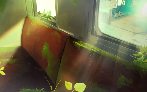 Anime-style 4K Ultra HD desktop wallpaper showing a moss-covered seat by a window with soft sunlight filtering through.
