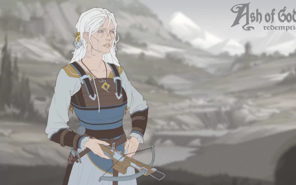 HD wallpaper for Ash of Gods: Redemption, featuring a character with a crossbow set against a muted landscape background.
