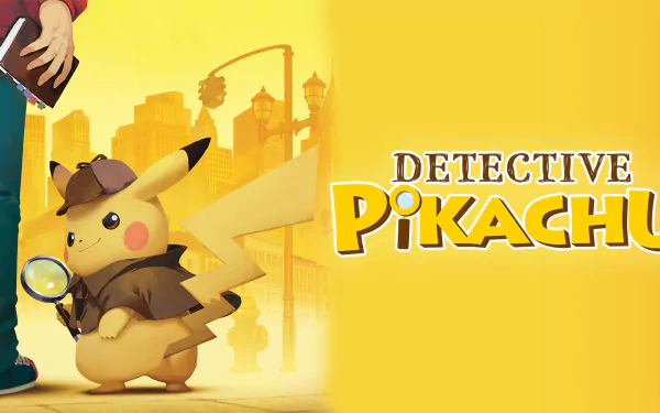 HD wallpaper of Detective Pikachu, with the character holding a magnifying glass, against a yellow background with city silhouette.
