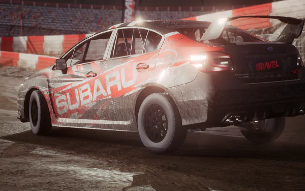 HD desktop wallpaper of a Subaru rally car on gravel with dynamic lighting.