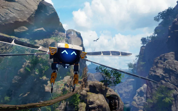 HD wallpaper featuring a drone from ARK Park video game flying through a rocky landscape with a suspension bridge.